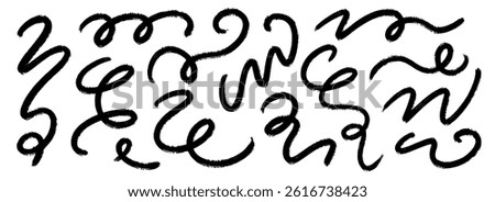 Black squiggle paint line set. Wiggly brush stroke collection. Charcoal curly flourish pack for highlight, underline, emphasis. Organic crayon chalk wavy strips. Vector rough scribble swoosh stripes