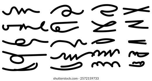 Black squiggle, Scribble brush underline. Set of handmade lines, brush lines, underlines. Hand-drawn collection of doodle style various shapes. Lettering Art Lines. Vector illustration. Design Eps 10.