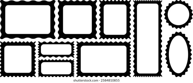 Black squiggle stories frames set. Zigzag border frames. Zigzag wavy edges, retro scallop frames, psychedelic rectangles, photo frames, text boxes, tags, labels. Scallop edge border frame