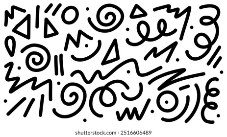 Linhas pretas rabiscadas, rabiscos abstratos em estilo infantil. Mão desenhou várias formas, traços, redemoinho. Forma livre definida em fundo branco. Desenho na moda para crianças festa de celebração monocromática