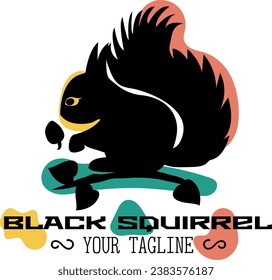 Black squirrel with colored inserts and with one acorn on a branch. Logo with text on white background. Vector illustration	