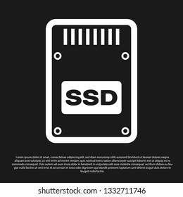 Black SSD card icon isolated on black background. Solid state drive sign. Storage disk symbol. Vector Illustration