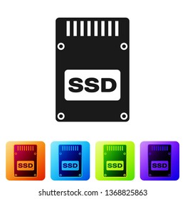 Black SSD card icon isolated on white background. Solid state drive sign. Storage disk symbol. Set icon in color square buttons. Vector Illustration