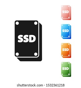 Black SSD card icon isolated on white background. Solid state drive sign. Storage disk symbol. Set icons colorful. Vector Illustration