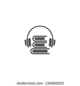 black stack of books with headphones or headset isolated on white background. Flat vector illustration. Internet education online logo. Study, learn online concept. Listen audio book.