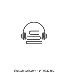 black stack of books with headphones or headset isolated on white background. Flat vector illustration. Internet education online logo. Study, learn online concept. Listen audio book.