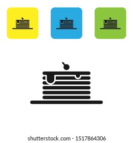 Black Stack of pancakes icon isolated on white background. Baking with syrup and cherry. Breakfast concept. Set icons colorful square buttons. Vector Illustration
