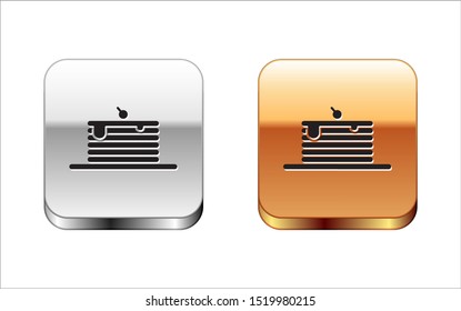 Black Stack of pancakes icon isolated on white background. Baking with syrup and cherry. Breakfast concept. Silver-gold square button. Vector Illustration
