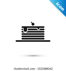 Black Stack of pancakes icon isolated on white background. Baking with syrup and cherry. Breakfast concept.  Vector Illustration