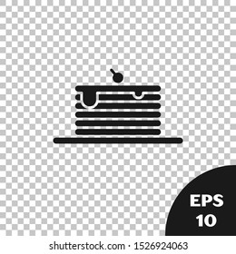 Black Stack of pancakes icon isolated on transparent background. Baking with syrup and cherry. Breakfast concept.  Vector Illustration