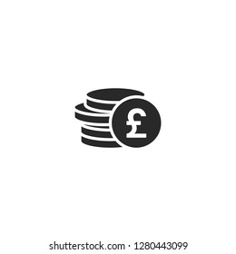 Black stack of pound sterling coins with coin in front of it. Flat blue icon. Isolated on white. Economy, finance, money pictogram. Wealth symbol.  Vector illustration.