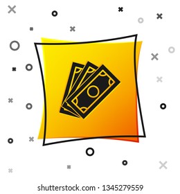 Black Stacks paper money cash icon isolated on white background. Money banknotes stacks. Bill currency. Yellow square button. Vector Illustration