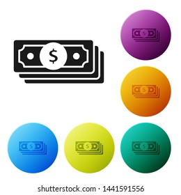 Black Stacks paper money cash icon isolated on white background. Money banknotes stacks. Bill currency. Set icons colorful circle buttons. Vector Illustration