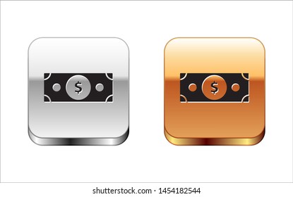 Black Stacks paper money cash icon isolated on white background. Money banknotes stacks. Bill currency. Silver-gold square button. Vector Illustration Black Stacks paper money cash icon isolated on white background. Money banknotes stacks. Bill currency. Silver-gold square button. Vector Illustration