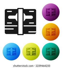 Black Stacks paper money cash icon isolated on white background. Money banknotes stacks. Bill currency. Set icons in color circle buttons. Vector