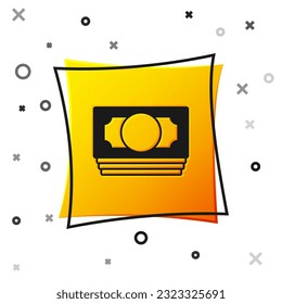 Black Stacks paper money cash icon isolated on white background. Money banknotes stacks. Bill currency. Yellow square button. Vector