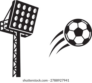 Black stadium floodlight tower next to a soccer ball with motion lines, representing sports and night games.keywords