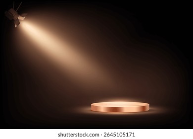 Black stage background with glowing bronze podium under white spotlight. Dramatic lighting and smoky atmosphere for product presentation, award ceremony. Abstract vector illustration.