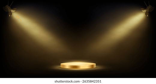 Black stage background with glowing golden podium under two yellow spotlights. Dramatic lighting and smoky atmosphere for product presentation, award ceremony. Abstract vector illustration.