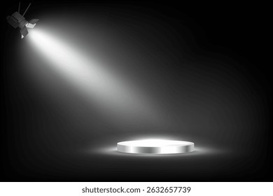 Black stage background with glowing silver podium under white spotlight. Dramatic lighting and smoky atmosphere for product presentation, award ceremony. Abstract vector illustration.