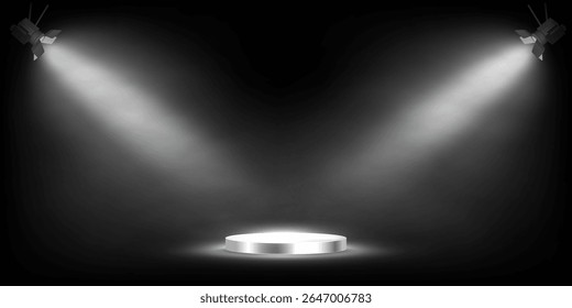 Black stage background with glowing silver podium under two white spotlights. Dramatic lighting and smoky atmosphere for product presentation, award ceremony. Abstract vector illustration.