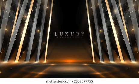 Black stage background with gold light with beam effects and bokeh decorations. Podium empty design about award ceremony or cosmetics product. Vector illustration.