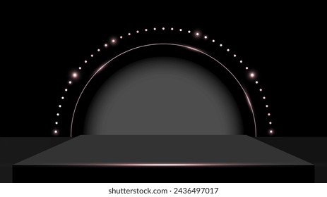 Black stage pedestal with round shape wall background and decoration light shine. Stage empty for Product, Advertising, Show, Award. Vector illustration.