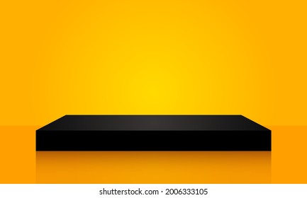 Black stage podium with orange platform. demonstration of an advertising product. studio background vector 3d rendering yellow background.