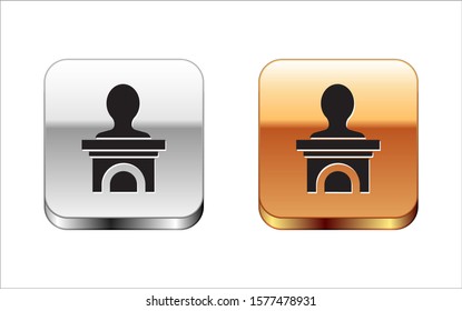 Black Stage stand or debate podium rostrum icon isolated on white background. Conference speech tribune. Silver-gold square button. Vector Illustration