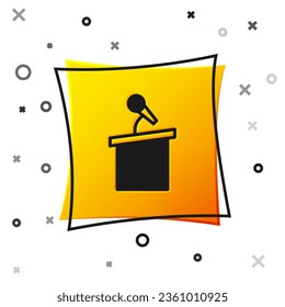 Black Stage stand or debate podium rostrum icon isolated on white background. Conference speech tribune. Yellow square button. Vector