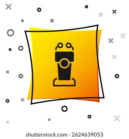 Black Stage stand or debate podium rostrum icon isolated on white background. Conference speech tribune. Yellow square button. Vector