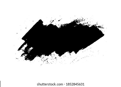 Black stain of paint brush with jagged edges isolated on white background. Hand drawn spot of paint, ink. Grunge dye splash. Copy space banner. Vector grain illustration for substrate, base, frame