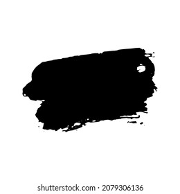 Black stain of paint brush with jagged edges isolated on white background. Hand-drawn spot of paint, ink. Grunge dye splash. Copy space banner. Vector grain illustration for substrate, base, frame