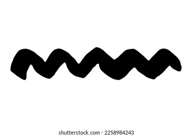 Black stain of paintbrush isolated on white background. Hand-drawn spot of paint, ink. Grunge dye splash. Uneven brush smear. Copy space banner. Vector grain zig zag illustration for substrate, base