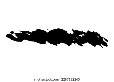 Black stain of paintbrush isolated on white background. Hand-drawn spot of paint, ink. Grunge dye splash. Uneven brush smear. Copy space banner. Vector grain illustration for substrate, base, frame