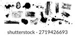 Black stains and paint strokes set isolated on white background. Vector realistic illustration of abstract ink splatter texture, spray splashes, scratched charcoal doodles, grungy design elements