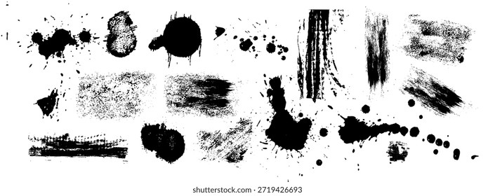Black stains and paint strokes set isolated on white background. Vector realistic illustration of abstract ink splatter texture, spray splashes, scratched charcoal doodles, grungy design elements