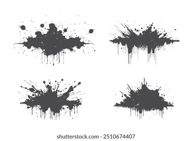 Manchas negras con salpicaduras y goteo de tinta. Texturas de pintura Grunge. Imágenes vectoriales aisladas para el Diseño gráfico