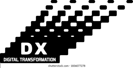 A medida que aumenta la forma de la escalera negra, cambia a una forma de punto. Notación de "DX, DIGITAL TRANSFORMATION" en letras blancas. Ilustración que imagina "TRANSFORMACIÓN DIGITAL".