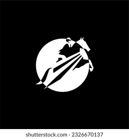 black stallion horse in the jump .Vector graphics "Equestrian sport, show jumping. A logo of a rider on a horse.Black and white logo, emblem, icon
