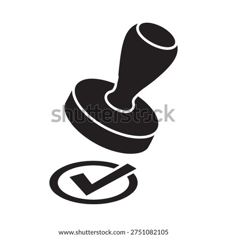 A black stamp with a checkmark symbol hovering above its circular base