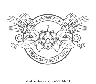 black stamp with hops and barley ear for brewing