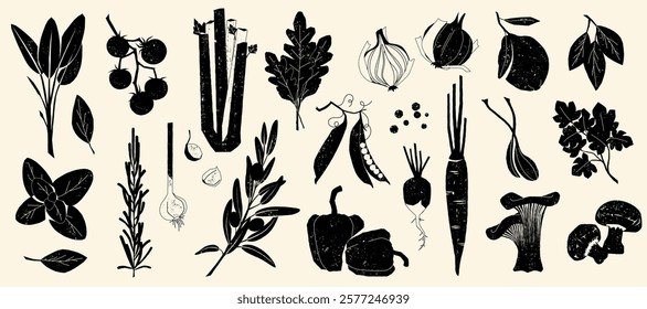 Black stamp vegetables. Retro woodcut engraved farm food icons, organic healthy products, tomato onion garlic celery pepper. Vector vegetable sketch collection.