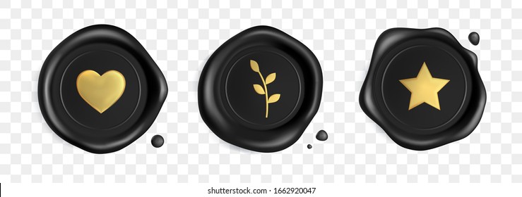 Black stamp wax seals set with gold heart, branch and star isolated on transparent background. Certificate royal black stamps for a postcard, a wedding invitation card. Realistic 3d vector