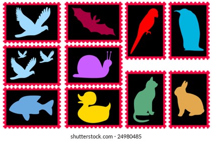 black stamps with red ragged border and colorful silhouettes of animals