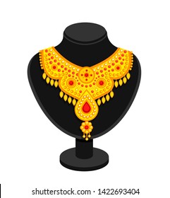 Black stand with rich golden necklace. Cartoon vector mannequin, isolated on a white background.