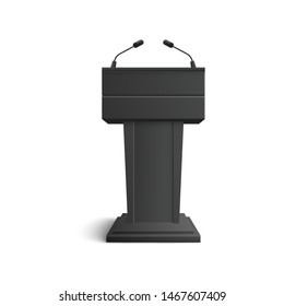 Black stand, tribune and podium with microphones for speeches and speakers, seminars and lectures, isolated realistic vector illustration.