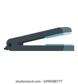 Black stapler fastening paper sheets, side view, isolated on white background