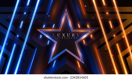 Black star with blue light and gold motion effects and bokeh decorations.