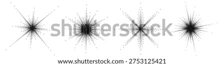 Black star burst, vector grunge sparkle with stipple grainy texture. Pointillism dots star gradient or dotwork pattern. Grain noise halftone
